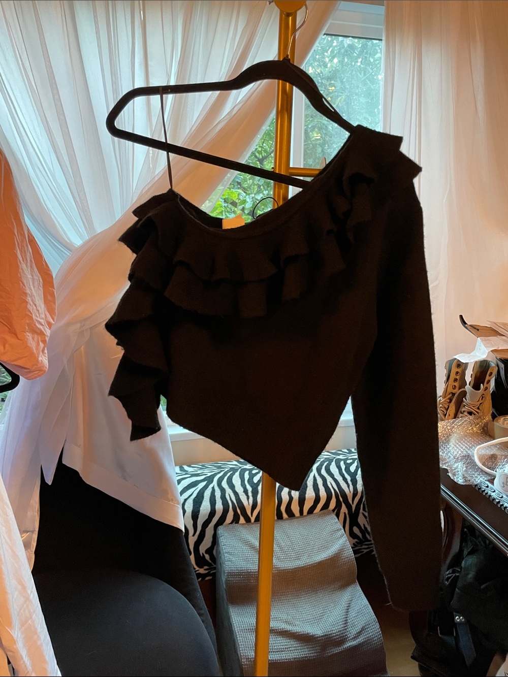 Zara NEW Black One-Shoulder Ruffle Knit Sweater